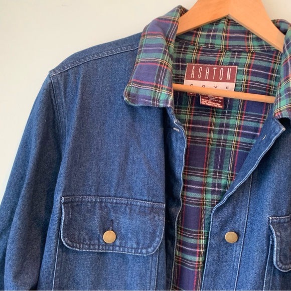 Vintage Ashton Cove Denim Button Front Plaid Lined Shacket Jacket Small S - Picture 2 of 10